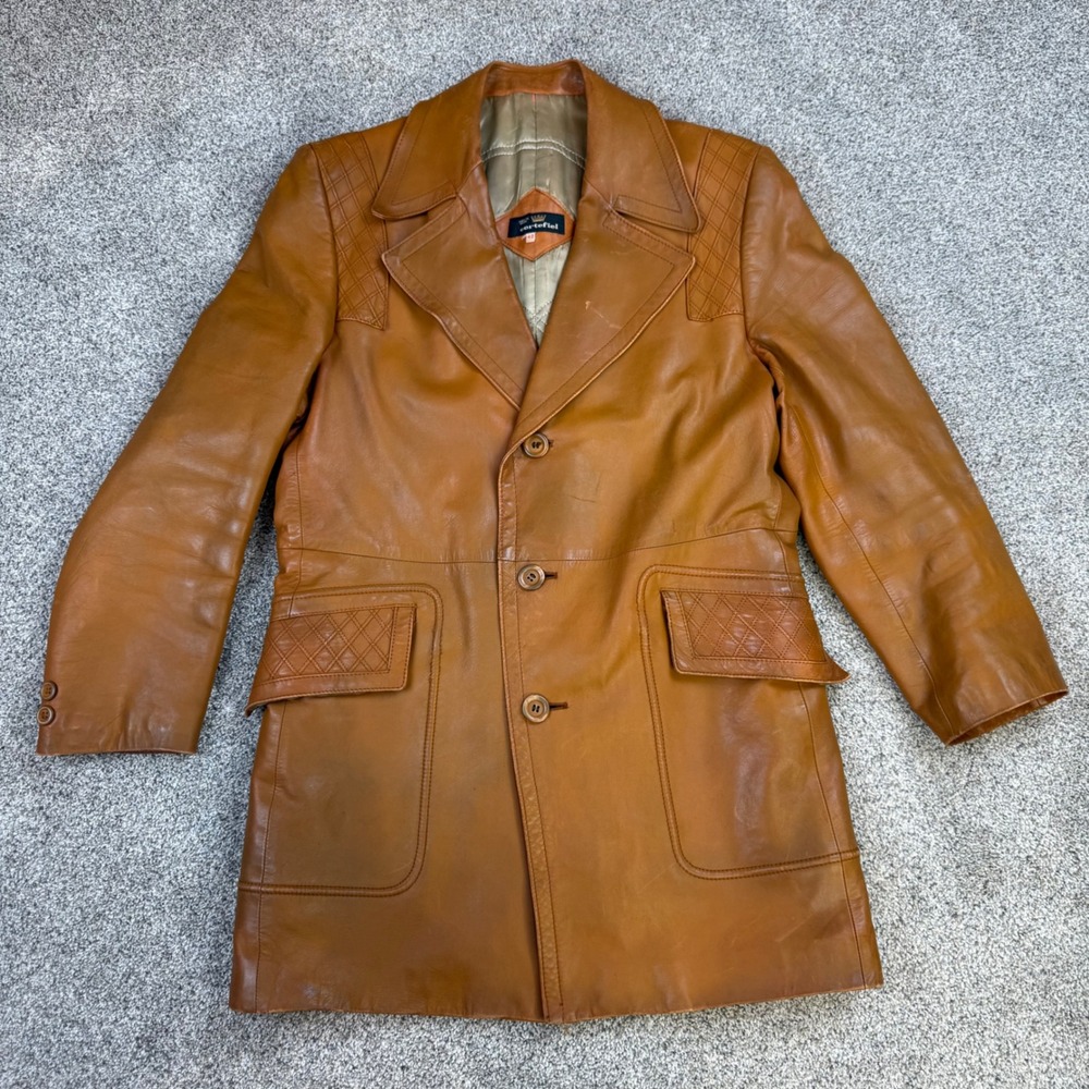 Vintage Cortefiel Mens Leather Car Coat Brown Quilted Shoulder Made in Spain 42